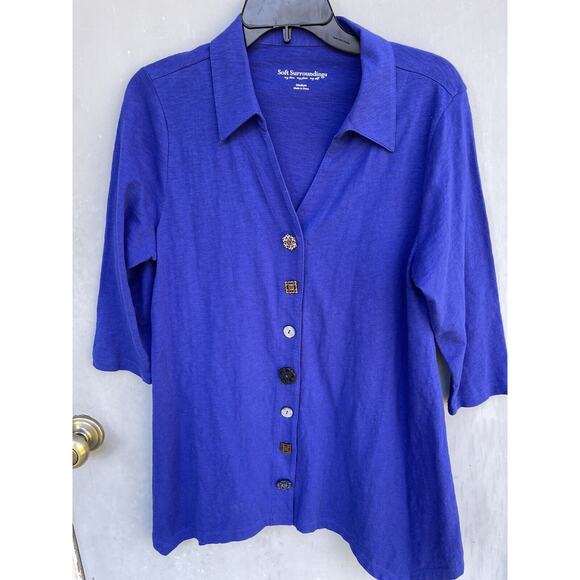 Soft Surroundings Blouse Blue Danielle Art Snap Button Top Sharkbite Hem Blue - Picture 1 of 5